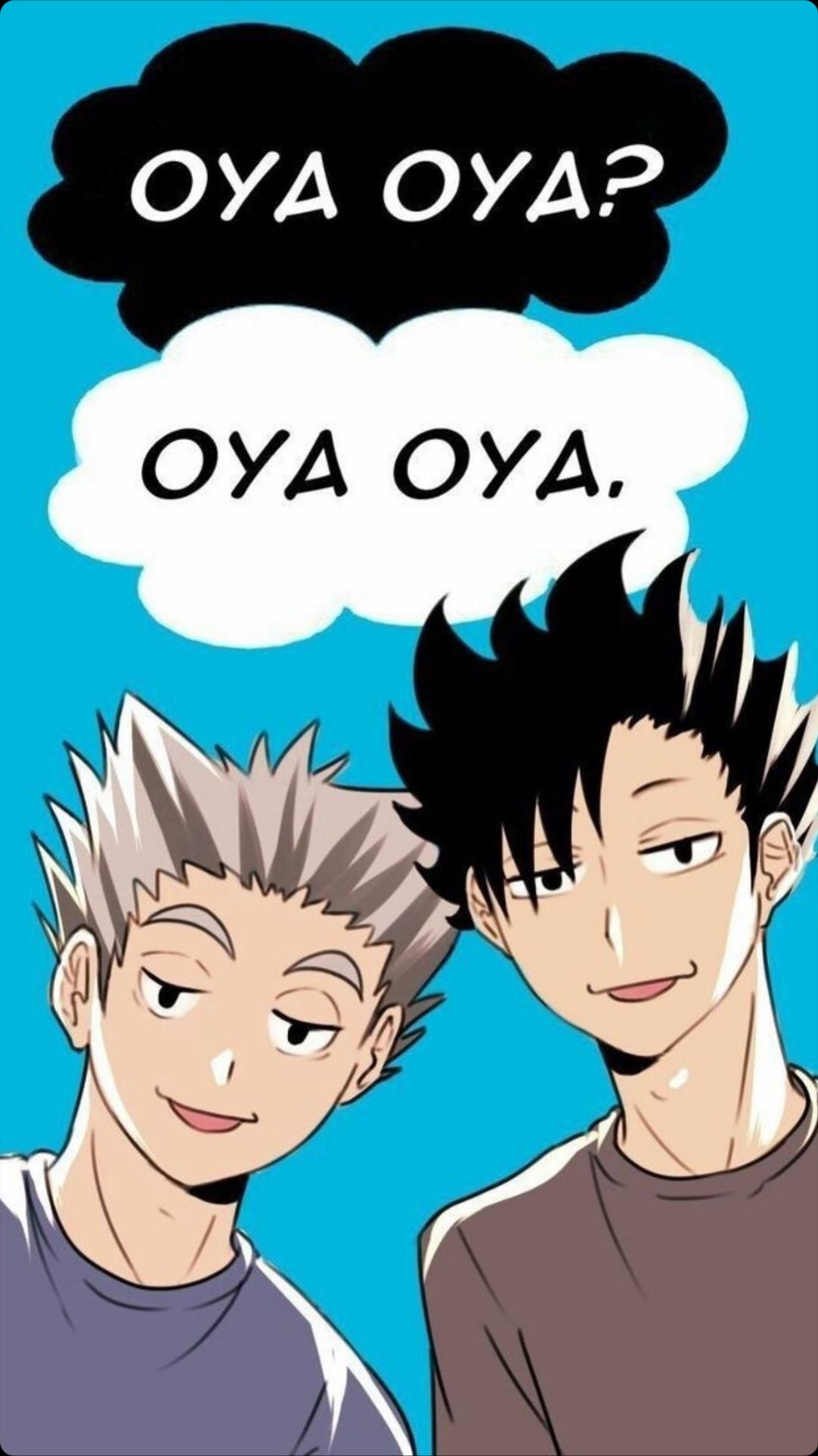 Two young men with black hair and a thought bubble above them (bokuto, haikyuu, kurro)