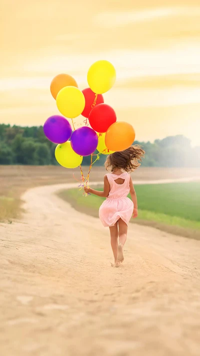 Niña con globos caminando por un camino sereno