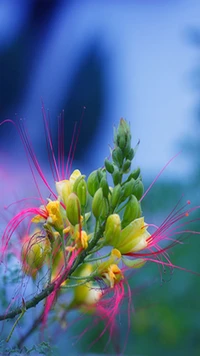 Fleurs d'herbes jaunes et roses vibrantes sur un fond bleu frais