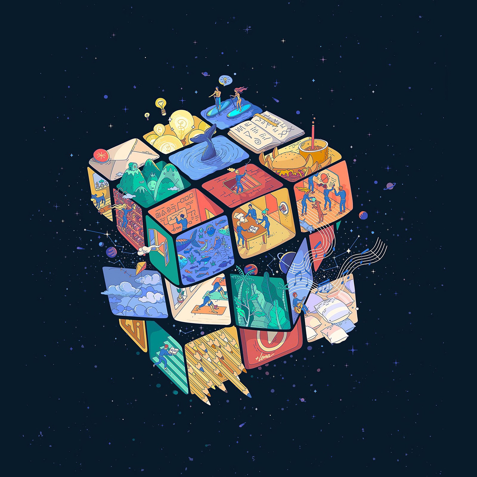 Ilustração de um cubo rubik com um tema espacial (cubo mágico, rubiks cube, cubo, mundo, gesto)