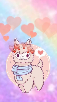 Cute llama with curly peach-colored hair and a light blue scarf, surrounded by pastel hearts.