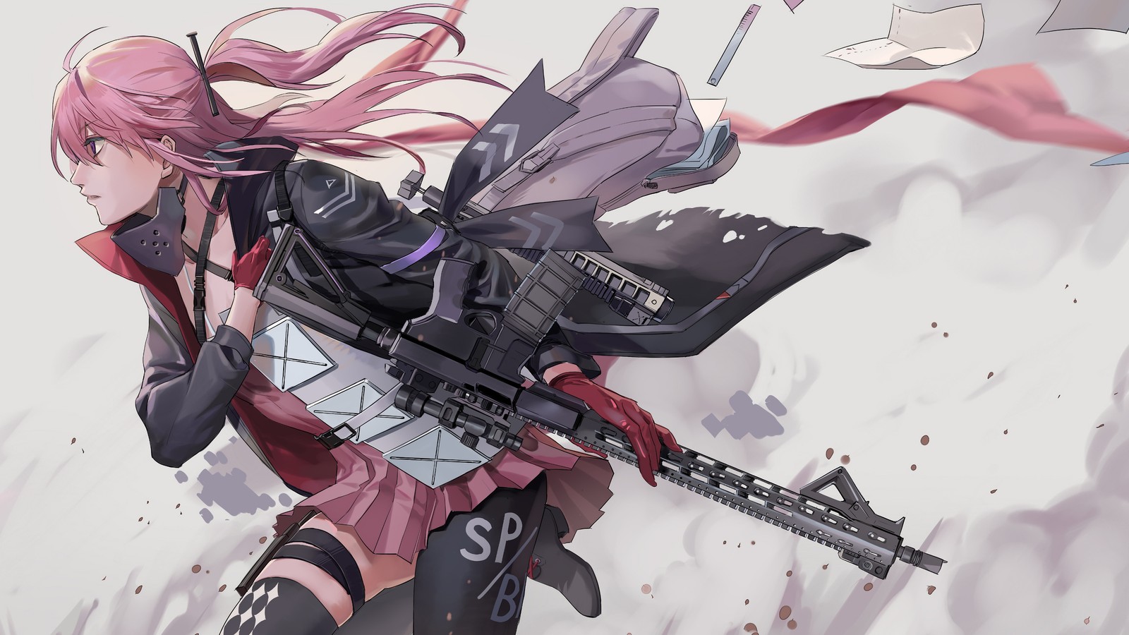 Fille anime avec une arme et un drapeau flottant dans les airs (anime, girls frontline, jeu vidéo, filles danime, armes)