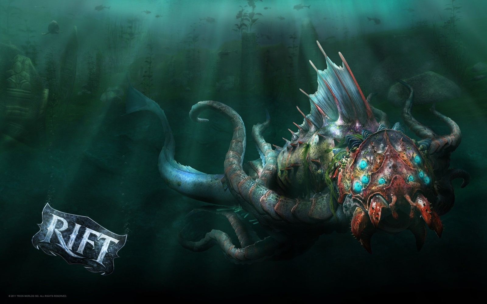 Un primer plano de un pulpo gigante con una cabeza gigante en el agua (rift, trion worlds, efectos especiales, efectos visuales, subacuático)