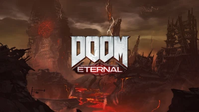 Логотип Doom Eternal на фоне пустынного пейзажа