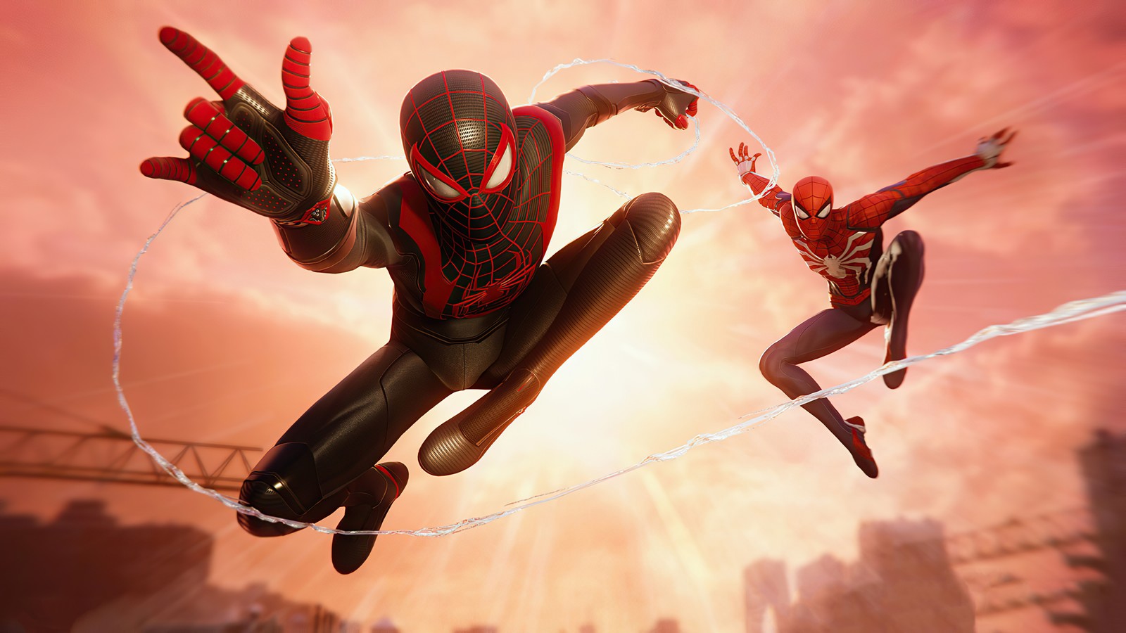 Spider-man saute au-dessus d'une ville dans une scène du jeu vidéo spider-man (marvels spider man miles morales, playstation 5, jeux 2020, 2020 games, spiderman)