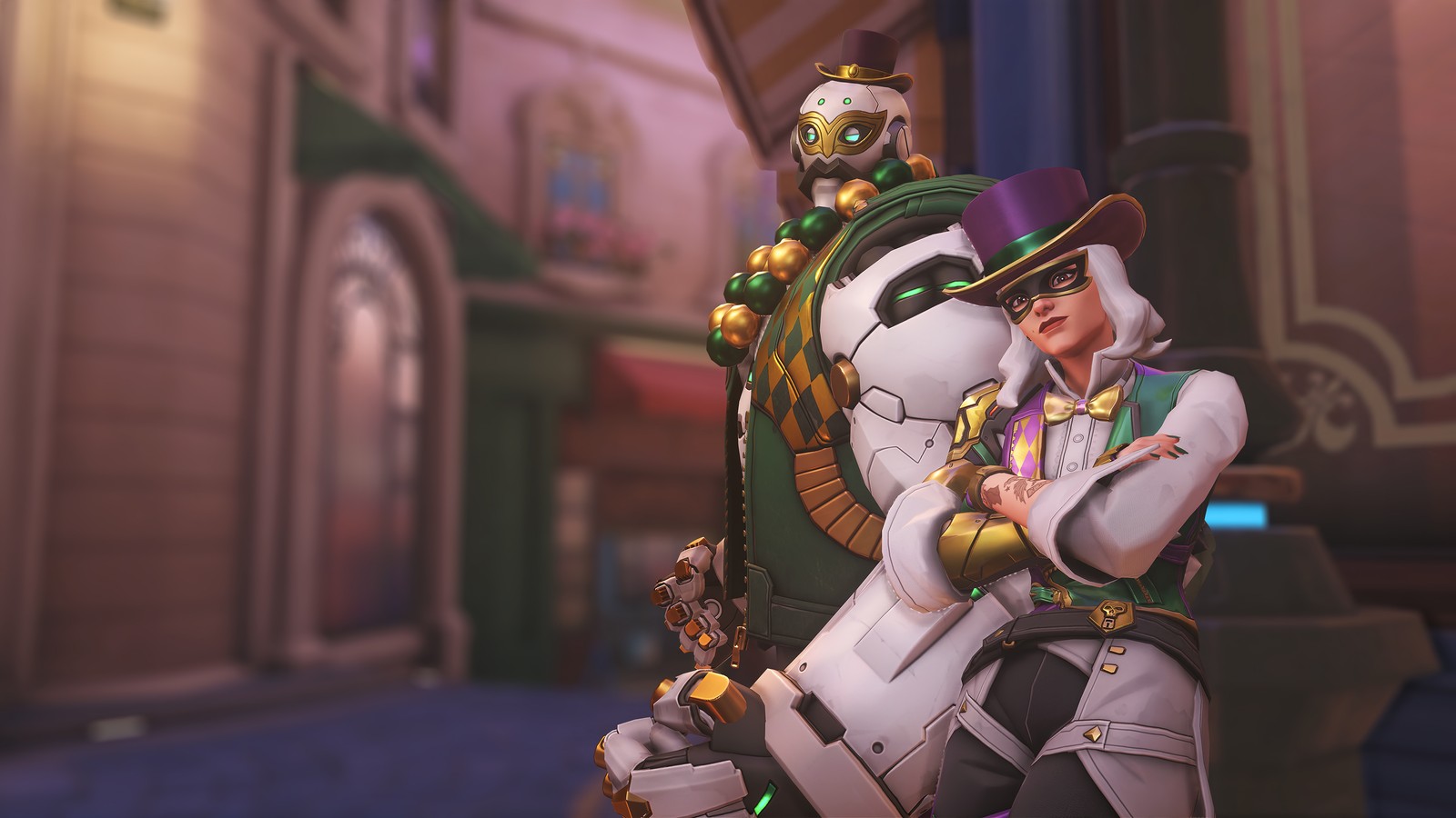 A close up of a person in a costume holding a horse (overwatch 2, video game, ashe, mardi gras)