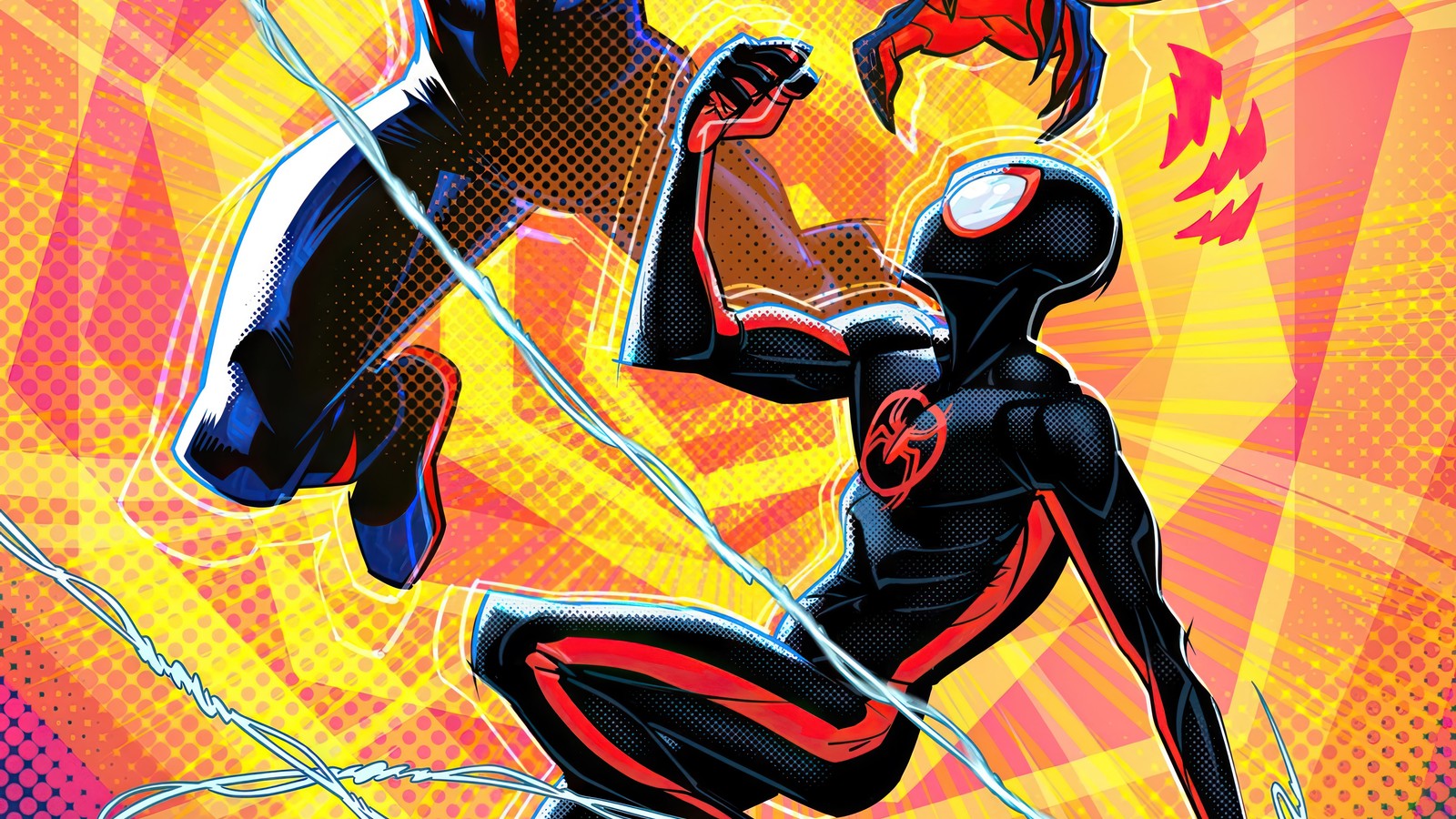 Homme araignée et femme araignée se battent devant un fond jaune (miles morales, spider man à travers le spider verse, spider man across the spider verse, film, marvel)