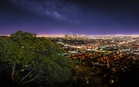 Paysage nocturne époustouflant de Los Angeles : lumières de la ville contre un ciel étoilé