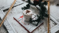 Festive Cup of Whipped Cream Delight Surrounded by Holiday Decor