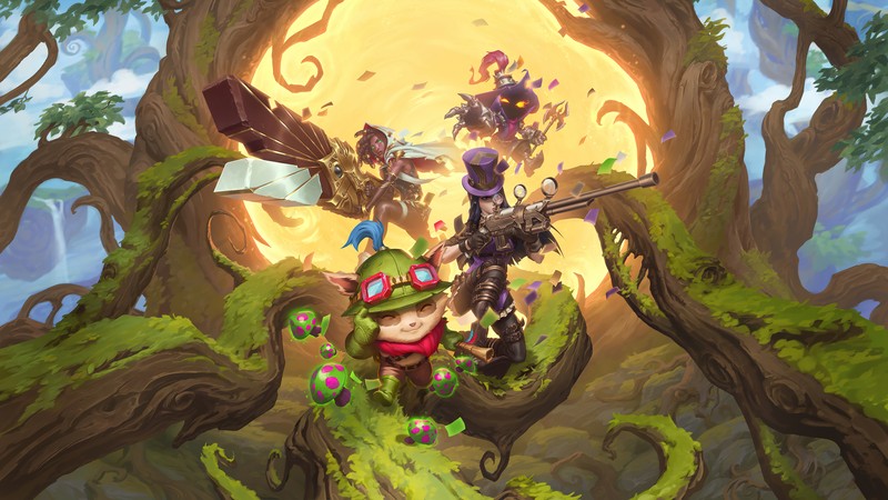 Um grupo de pessoas em uma floresta com uma árvore gigante (teemo, caitlyn, senna, veigar, lor)