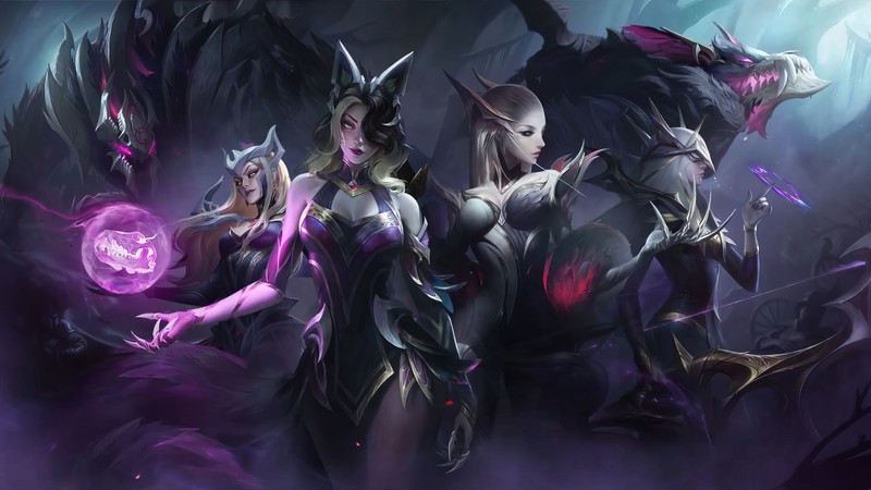 Группа женщин в доспехах стоит рядом (ковен, ахри, ahri, evelynn, ashe)