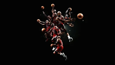 Dynamische Montage von Michael Jordan in Aktion, die seine ikonischen Basketballbewegungen vor einem eleganten schwarzen Hintergrund zeigt.