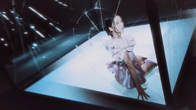 Jisoo from BLACKPINK in an artistic pose amidst shattered glass, embodying the essence of 'Pink Venom'.