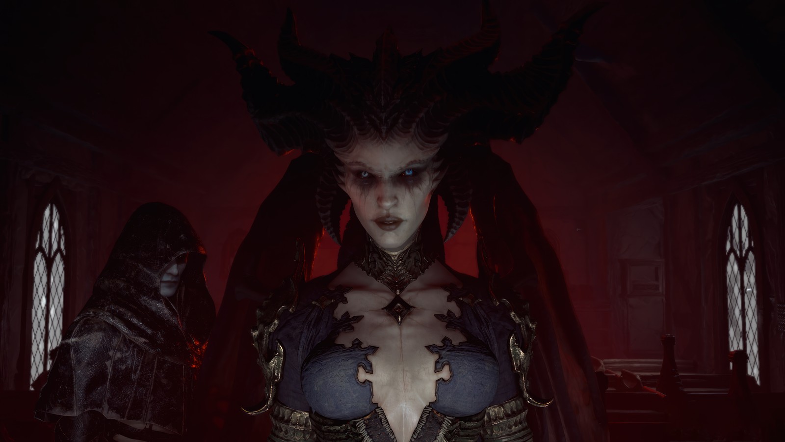 Un primer plano de una mujer con un disfraz, cuernos y una cabeza de demonio (lilith, diablo iv, videojuego, diablo 4)