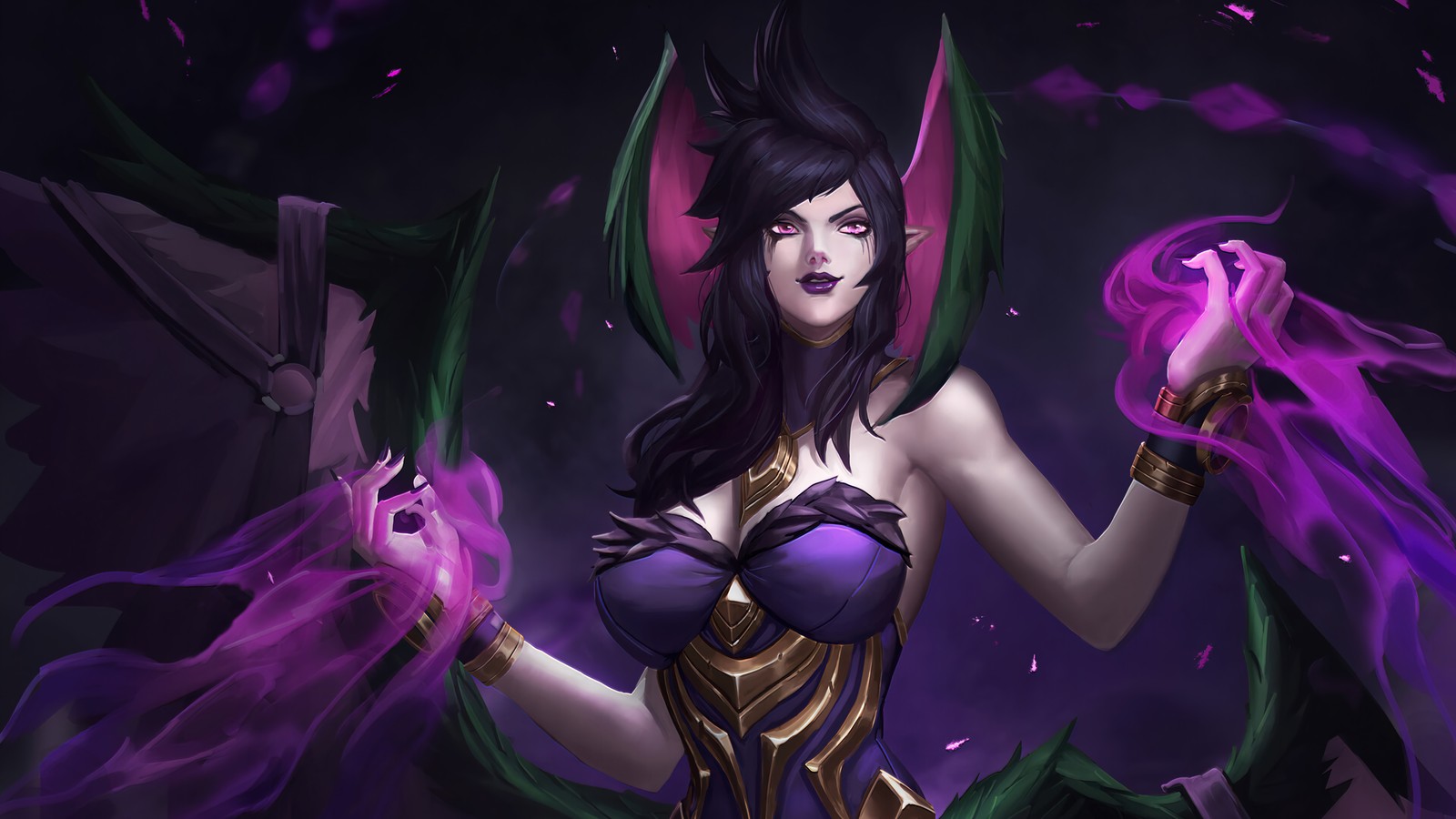 Eine frau in einem lila kleid hält einen lila und grünen drachen (morgana, league of legends, lol, videospiel, kunst)