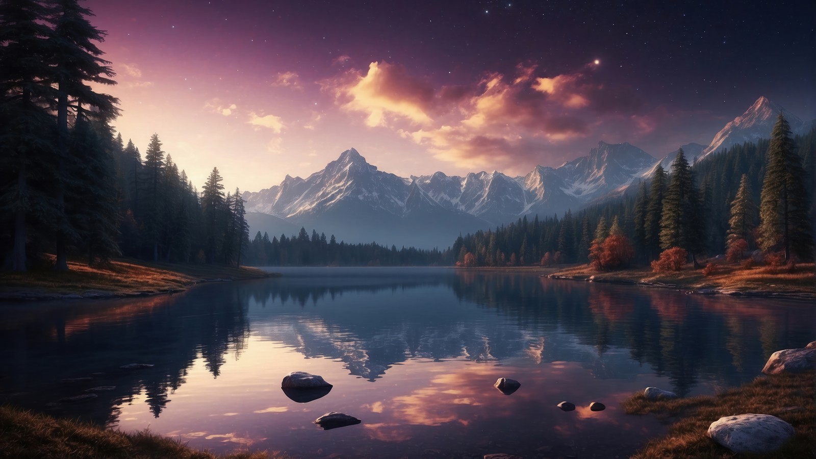 lake, forest, mountain, sunrise, scenery wallpaper