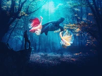 autumn forest, dreamy, fishes, turtle, dreamlike wallpaper