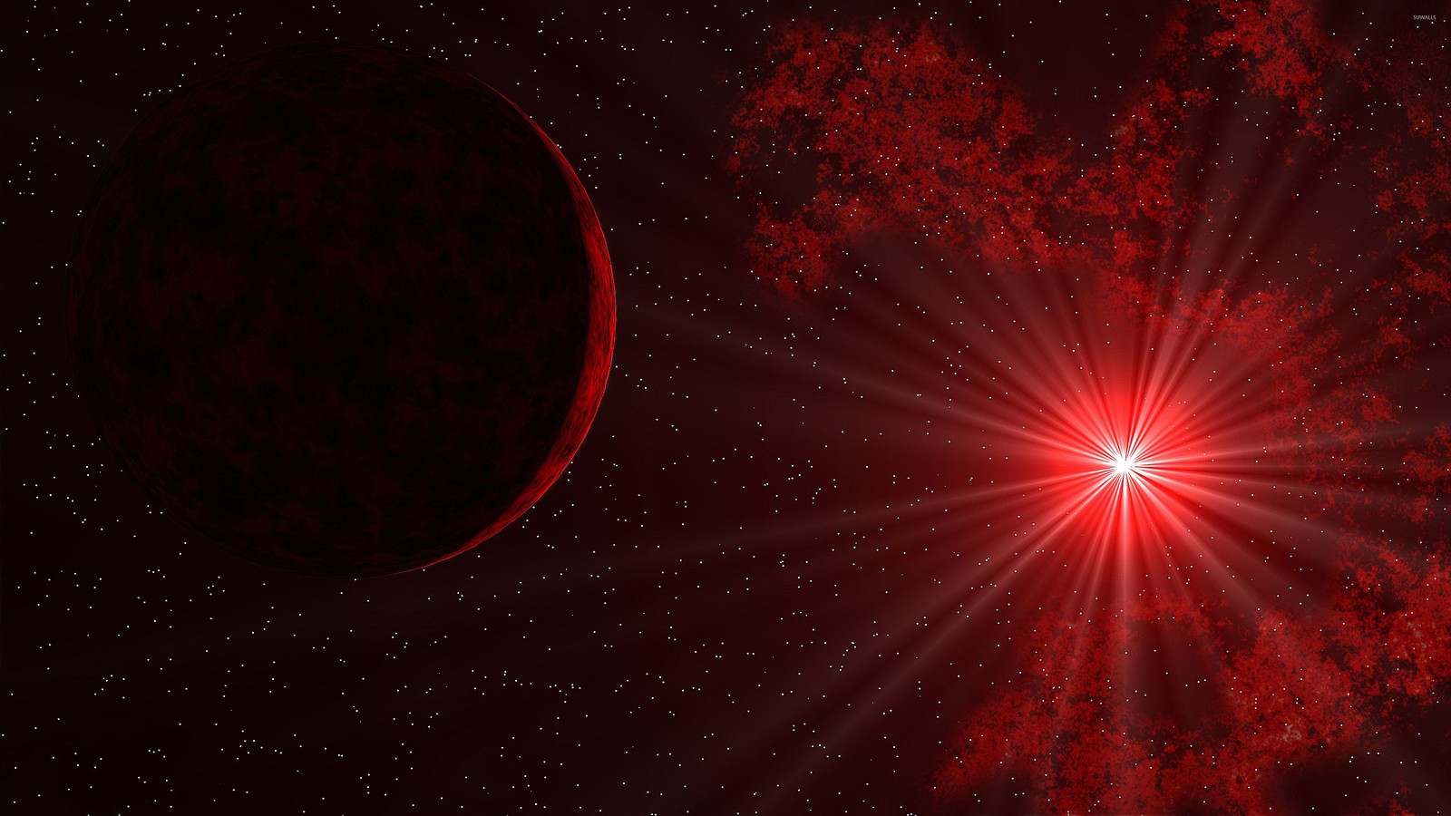 Uma estrela vermelha brilha intensamente no céu escuro acima de um planeta vermelho (universo, vermelho, astronomia, atmosfera, espaço sideral)