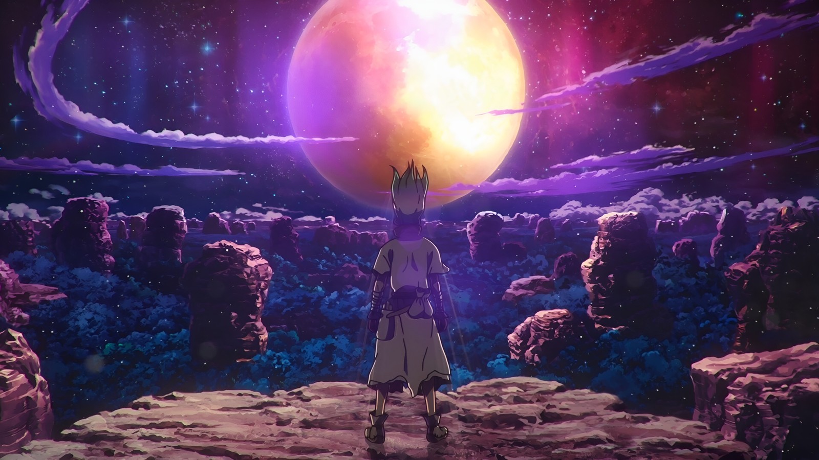 A man standing on a rock with a full moon in the background (anime, world, light, purple, human)