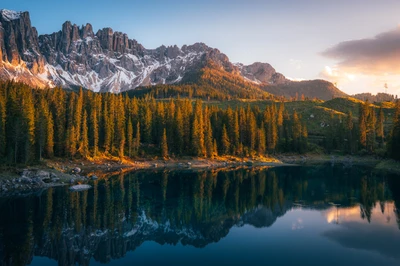 karersee lake, serene, lago di carezza, alpine lake, italy