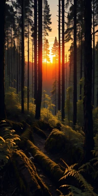 Iluminación del atardecer en un bosque de alerces