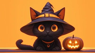 Adorable gato negro con sombrero de bruja y decoración de calabaza