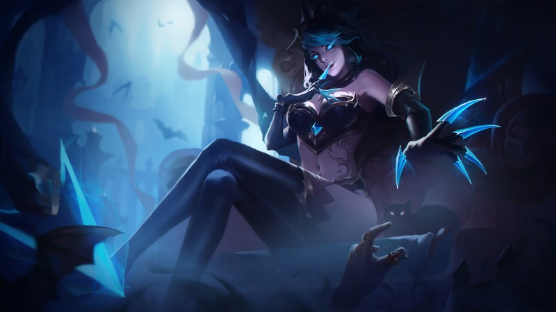 Женщина, сидящая на камне в темном лесу (evelynn, lol, league of legends, видеоигра, тень)