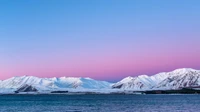 Fjord ártico majestoso ao amanhecer com montanhas cobertas de neve e águas calmas