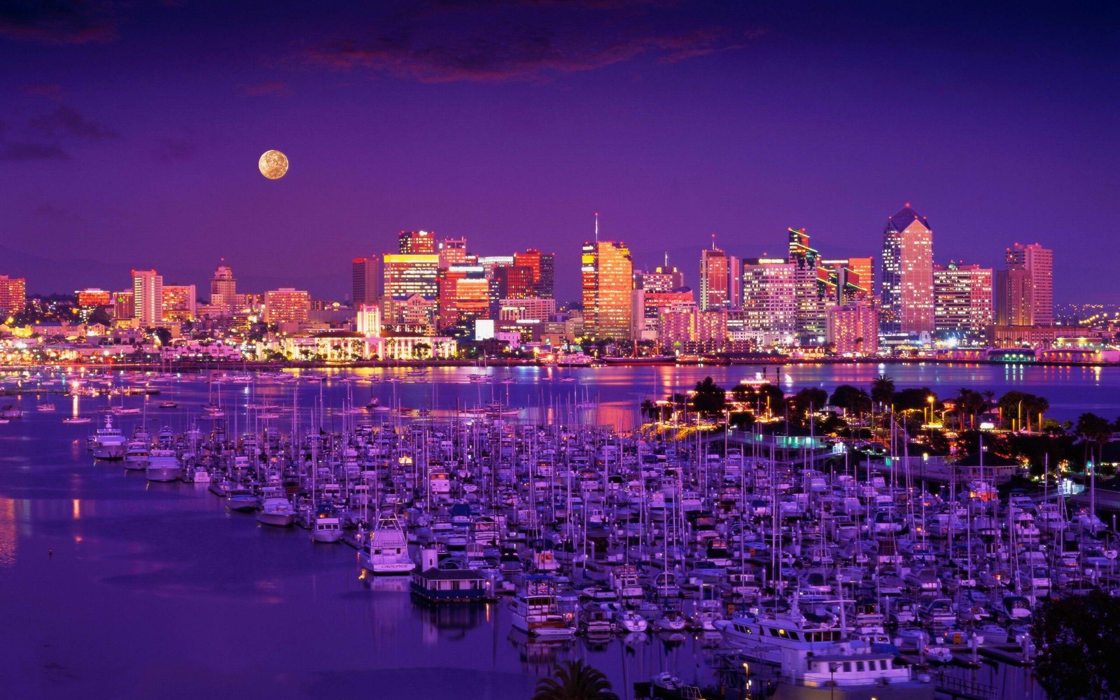 Uma visão apocalíptica do horizonte da cidade com barcos na água (cidade, noite, paisagem urbana, linha do horizonte, roxo)