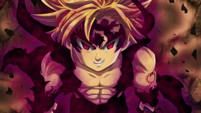 Meliodas en mode assaut avec marque démoniaque de Nanatsu no Taizai