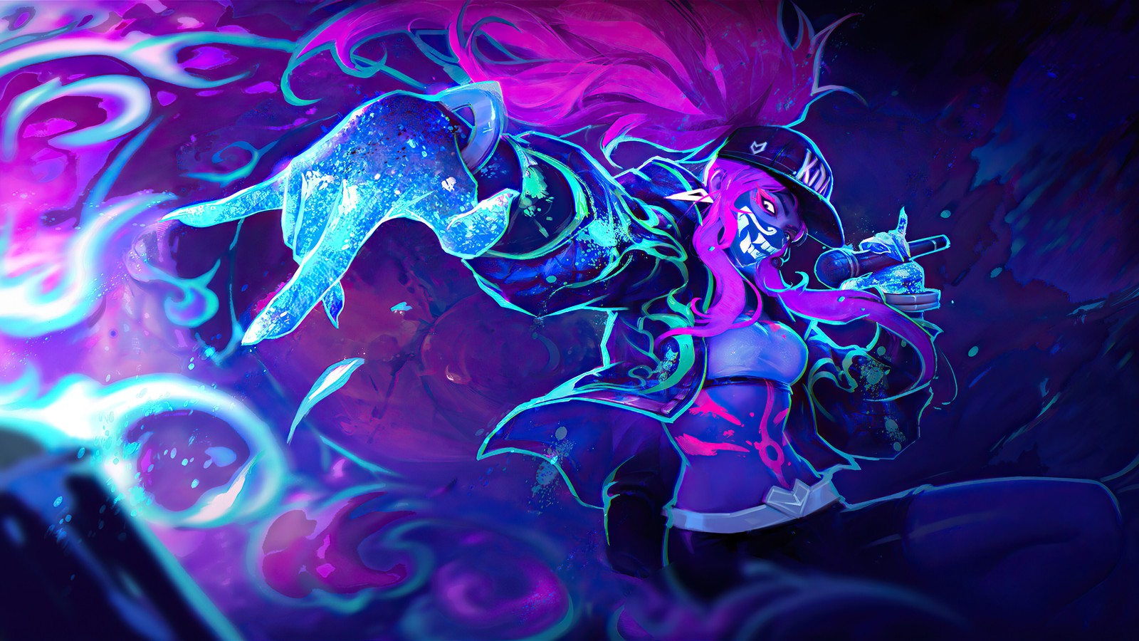 Eine frau mit pinken haaren und einem lila outfit, die ein blaues und lila licht hält (kda, akali, neon, lol, league of legends)