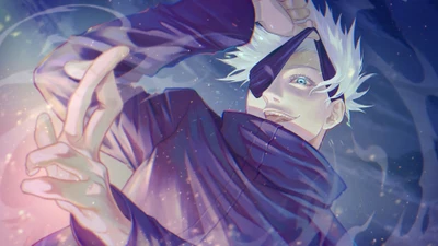 Satoru Gojo de Jujutsu Kaisen con una expresión juguetona y una pose dinámica, rodeado de colores que giran.