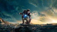 Iron Man dans une pose dynamique au-dessus de l'eau, mettant en valeur son costume emblématique contre un ciel dramatique.