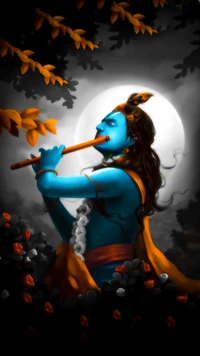 Señor Krishna tocando la flauta bajo la luz de la luna