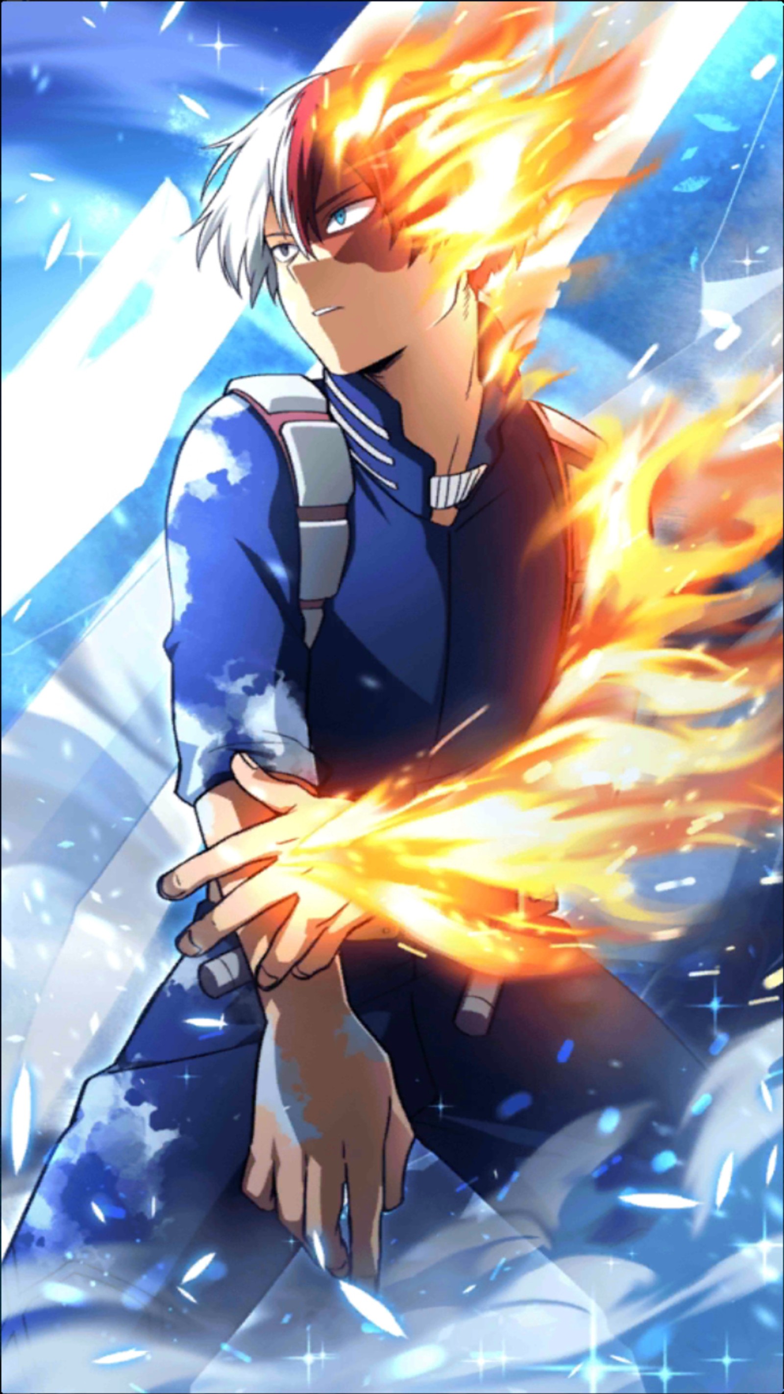 Un primer plano de una persona con fuego en la mano (anime, héroe, shoto todoroki)