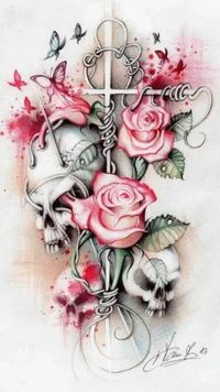 Elegant Pink Roses Intertwined with Skulls and Butterflies