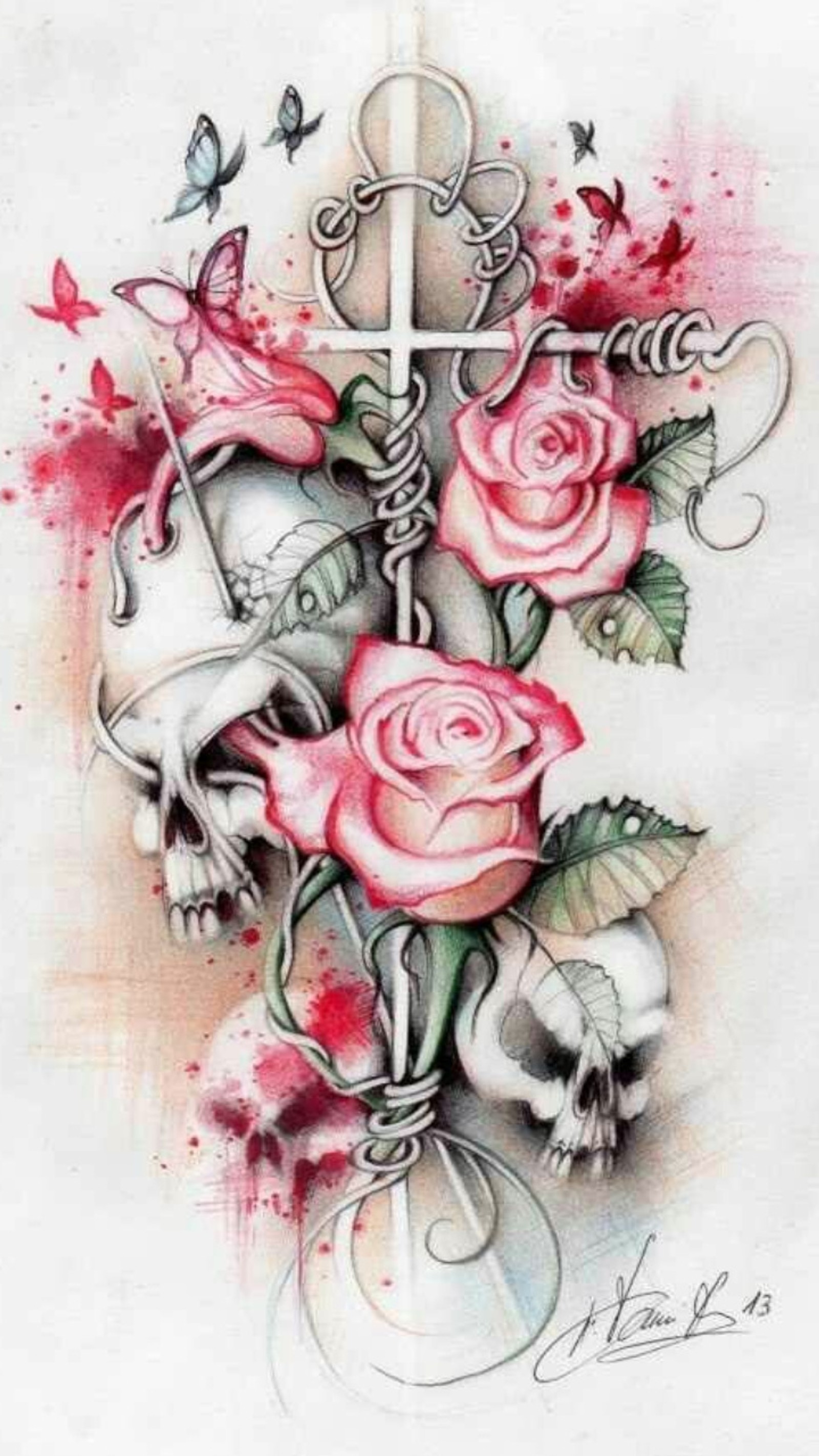 Скачать обои розы, skulls pink roses