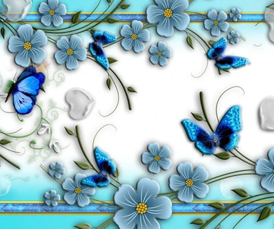 Papillons bleus et fleurs abstraites