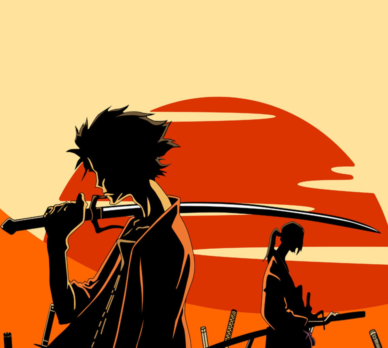 Anime characters with swords in front of a sunset (anime, jin, mugen, samurai champloo)