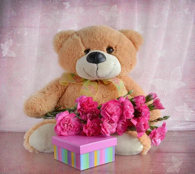 Ours en peluche adorable avec un bouquet de fleurs roses et une boîte cadeau colorée.