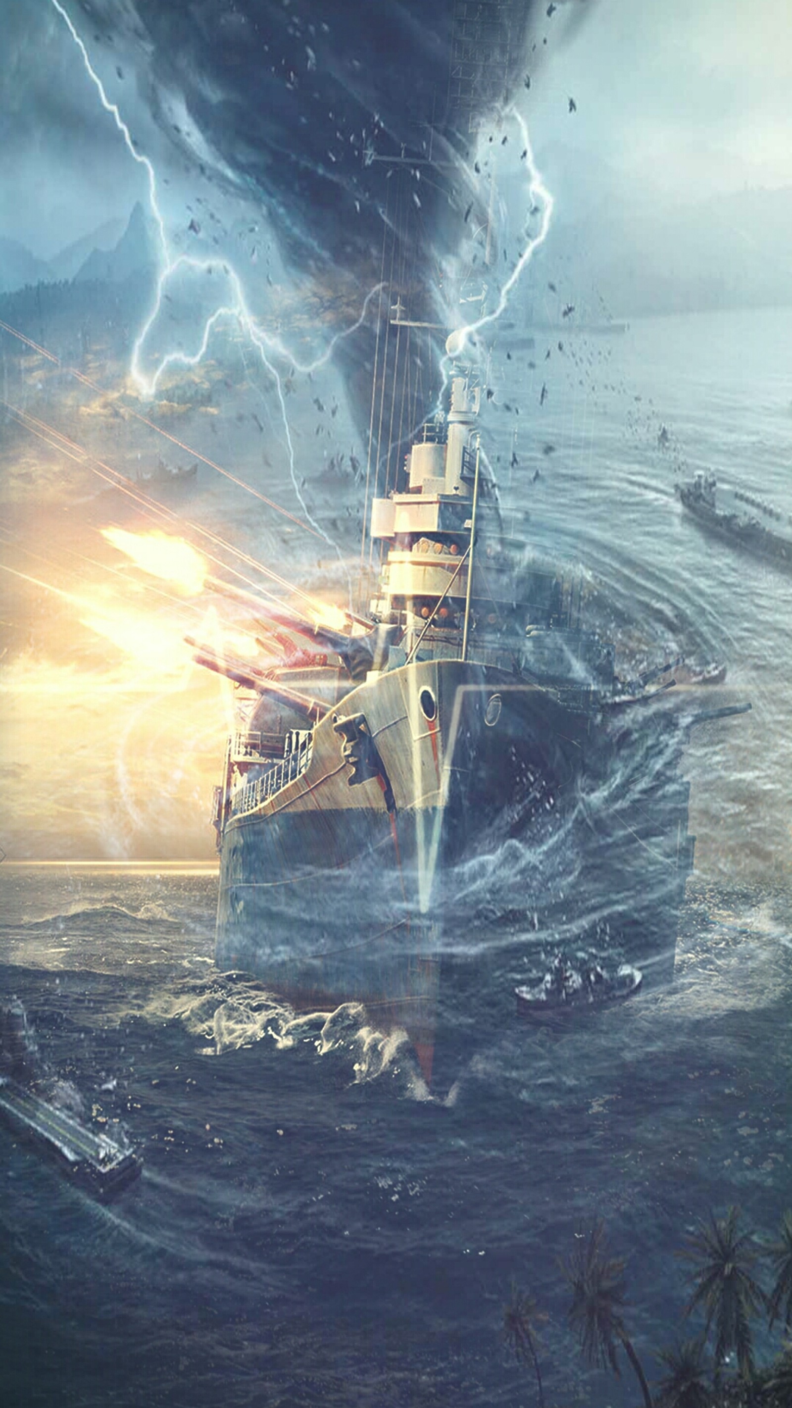 There is a large ship that is in the water with a lot of smoke (boats, gun, lightning, ocean, ship)