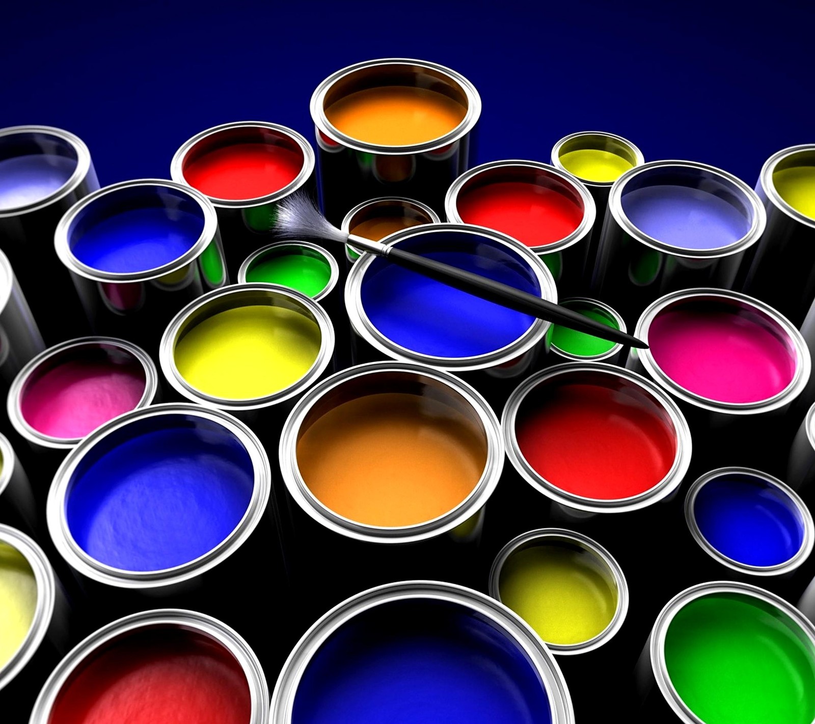 A close up of a bunch of paint cans with a brush (cs, hi)