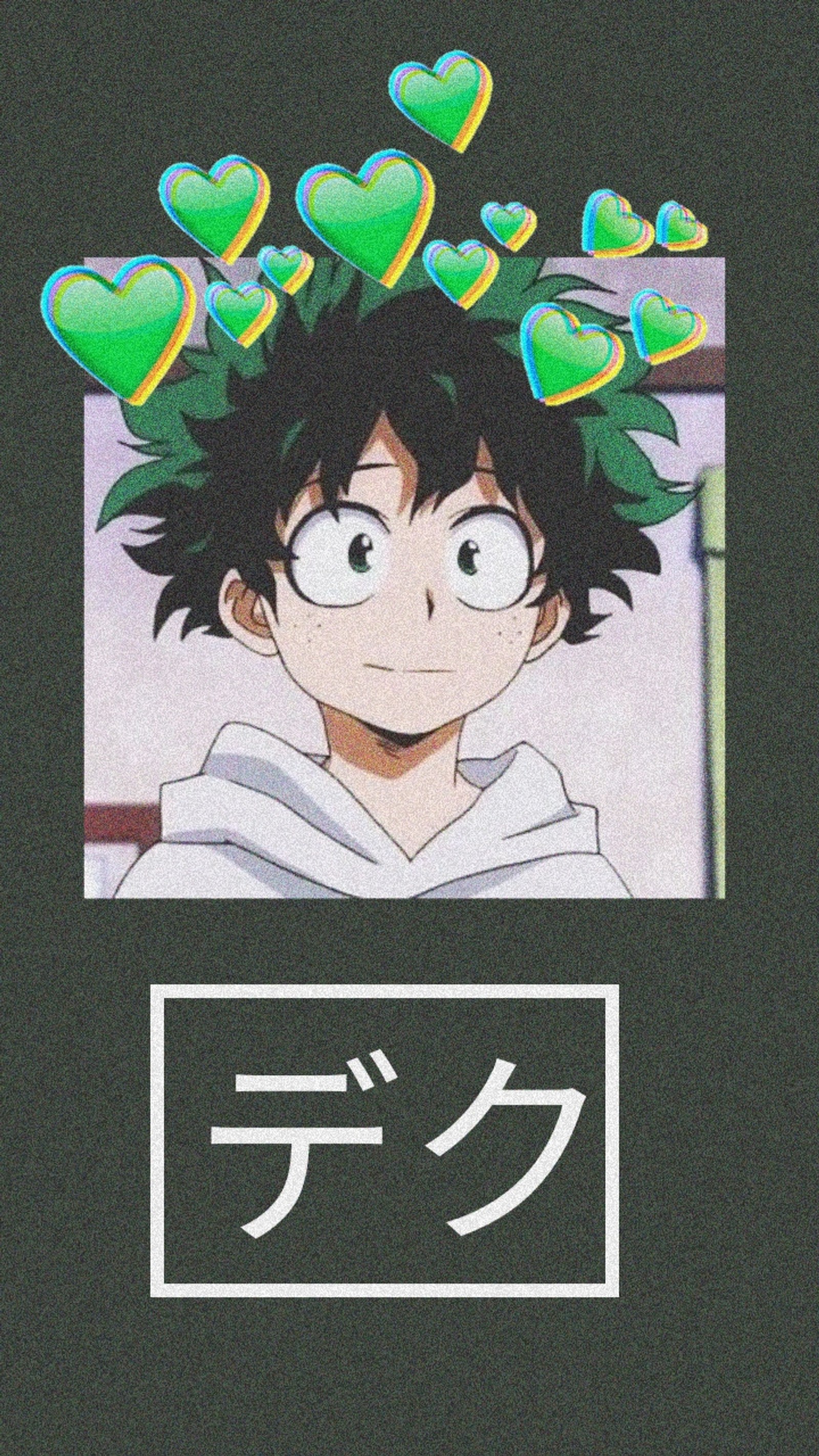 Anime-charakter mit herzen auf dem kopf und japanischem text (bnha, deku, midoriya)