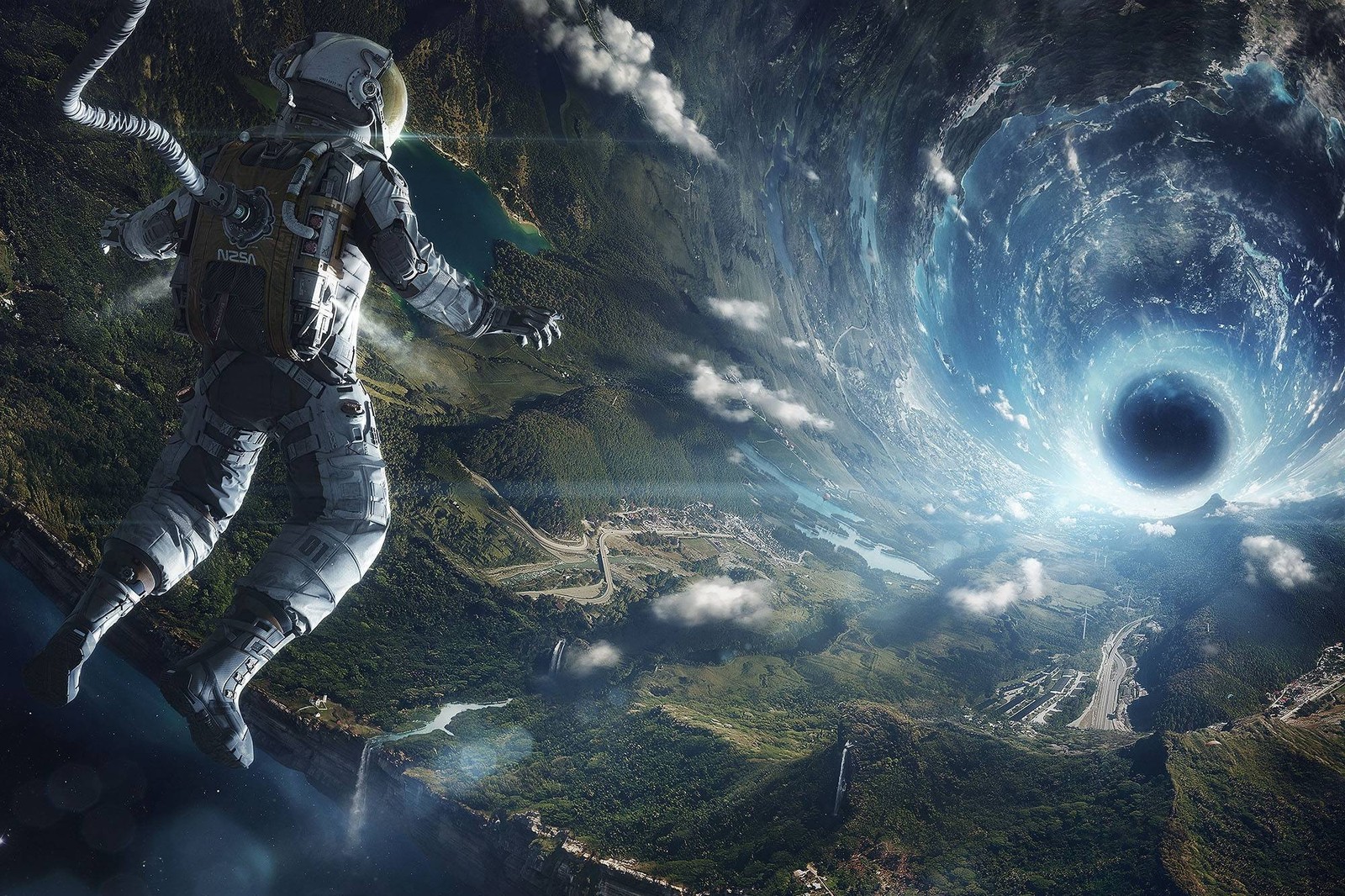 An astronaut in a space suit floating in a vortex of water (8k, name, space)