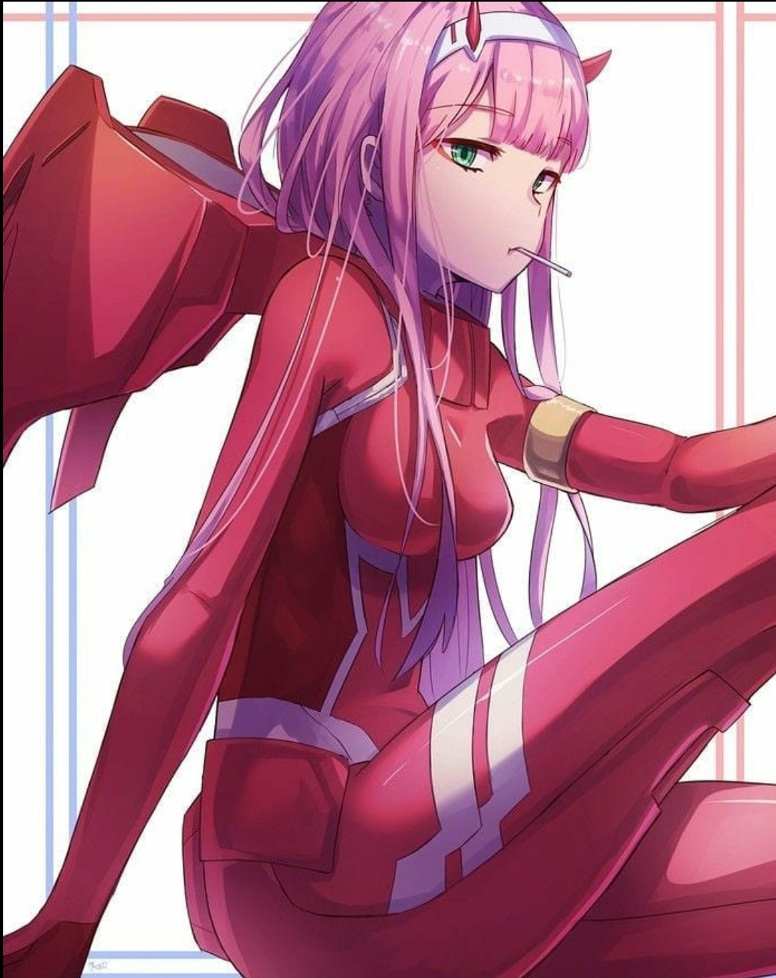 A close up of a person in a red outfit sitting on a floor (darling in the franxx, zero two)