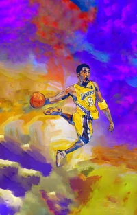 Hommage vibrant à un joueur de basket-ball légendaire dans un saut dynamique, portant le maillot emblématique des Lakers.