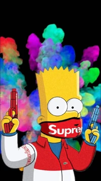 Bart genial con ropa Supreme rodeado de humo colorido