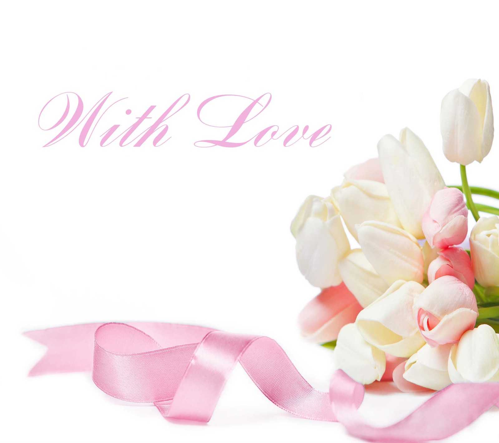 There is a bouquet of flowers with a pink ribbon on it (love, with)