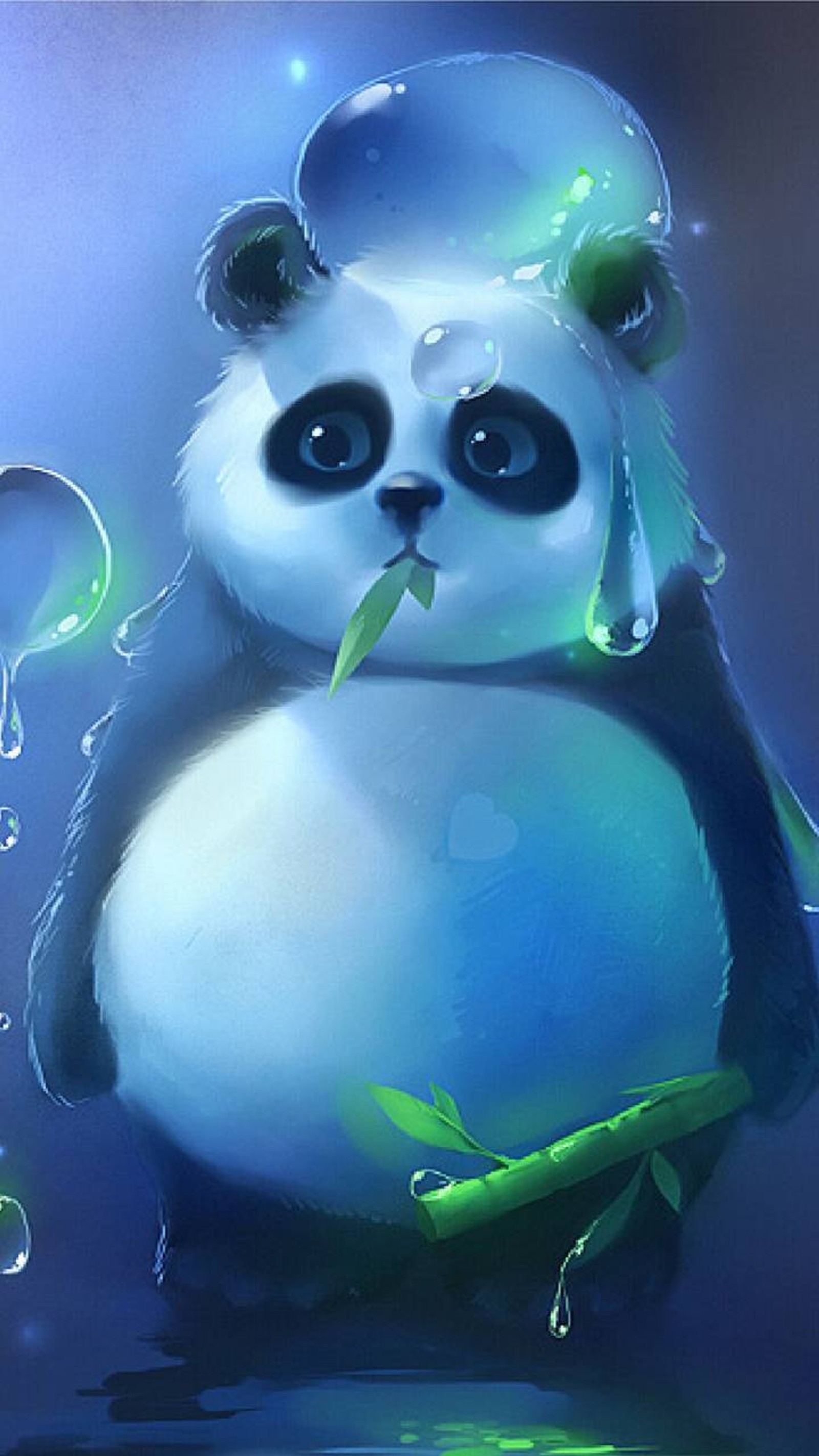 Painting of a panda bear with a bamboo in its mouth (cute, panda)