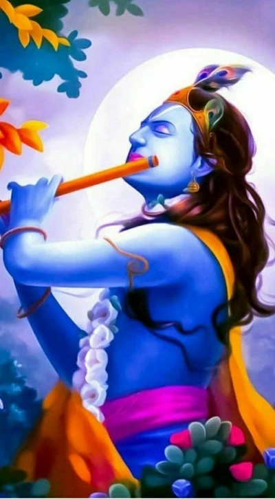 Krishna tocando flauta sob a luz da lua